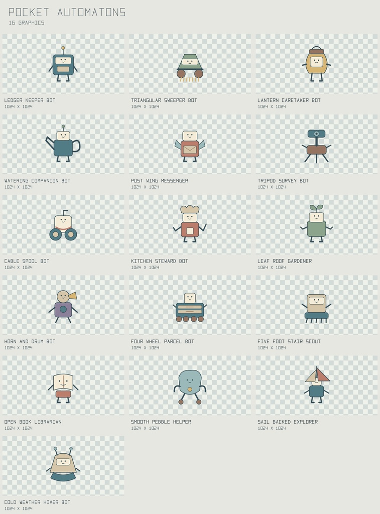 ポケット・オートマトン 架空の小型ロボット｜Pocket Automatons【PNG＋SVG／16図柄】