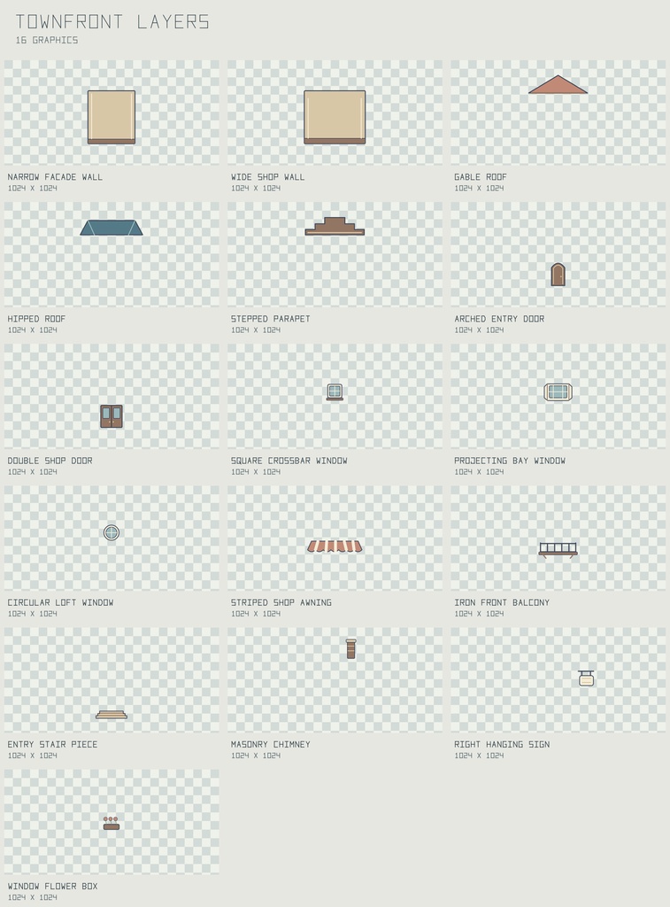 タウンフロント 建物重ねパーツ|Townfront Layers【PNG+SVG/16図柄】