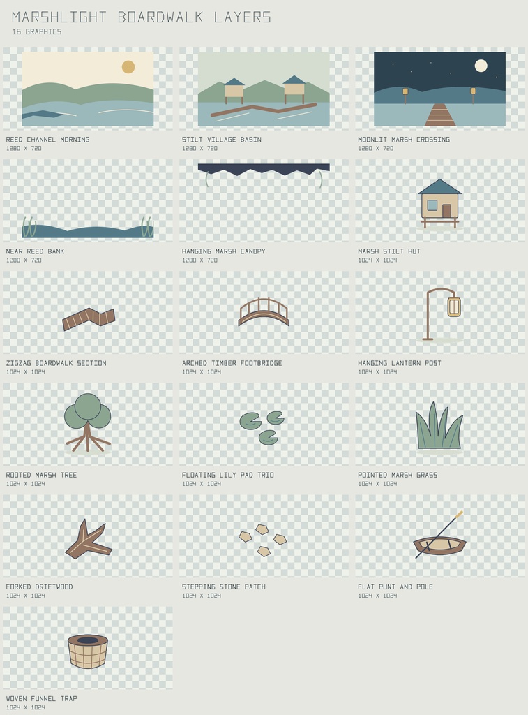 マーシュライト 湿地の木道｜Marshlight Boardwalk Layers【PNG＋SVG／16図柄】