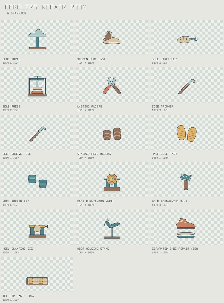 コブラー 靴修理の道具と部材｜Cobblers Repair Room【PNG＋SVG／16図柄】