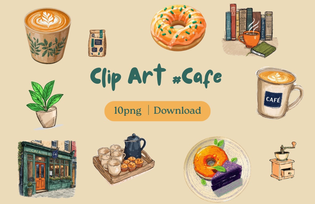 【Cafe】お洒落なカフェ風クリップアート集｜クレヨンタッチ｜背景透過PNG｜10種