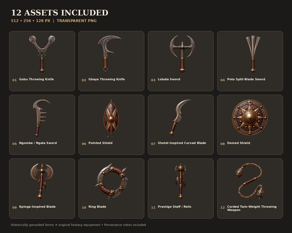 ファンタジー武器・装備素材集 — Ancient Forms Vol. 01(透過PNG 12点)