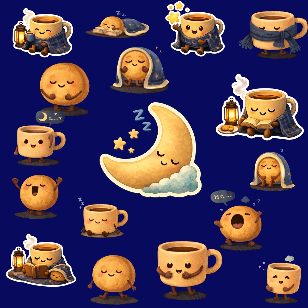 カフェブックのなかまたち vol.3 夜のおはなし 絵本風デジタルステッカー（16点セット）