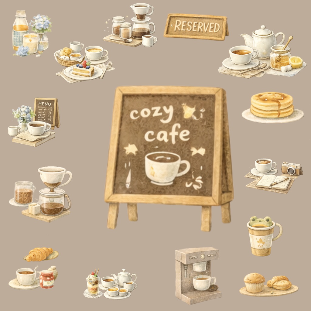 カフェブックの雨やすみ vol.5 雨の日カフェ 絵本風デジタルステッカー（16点セット）