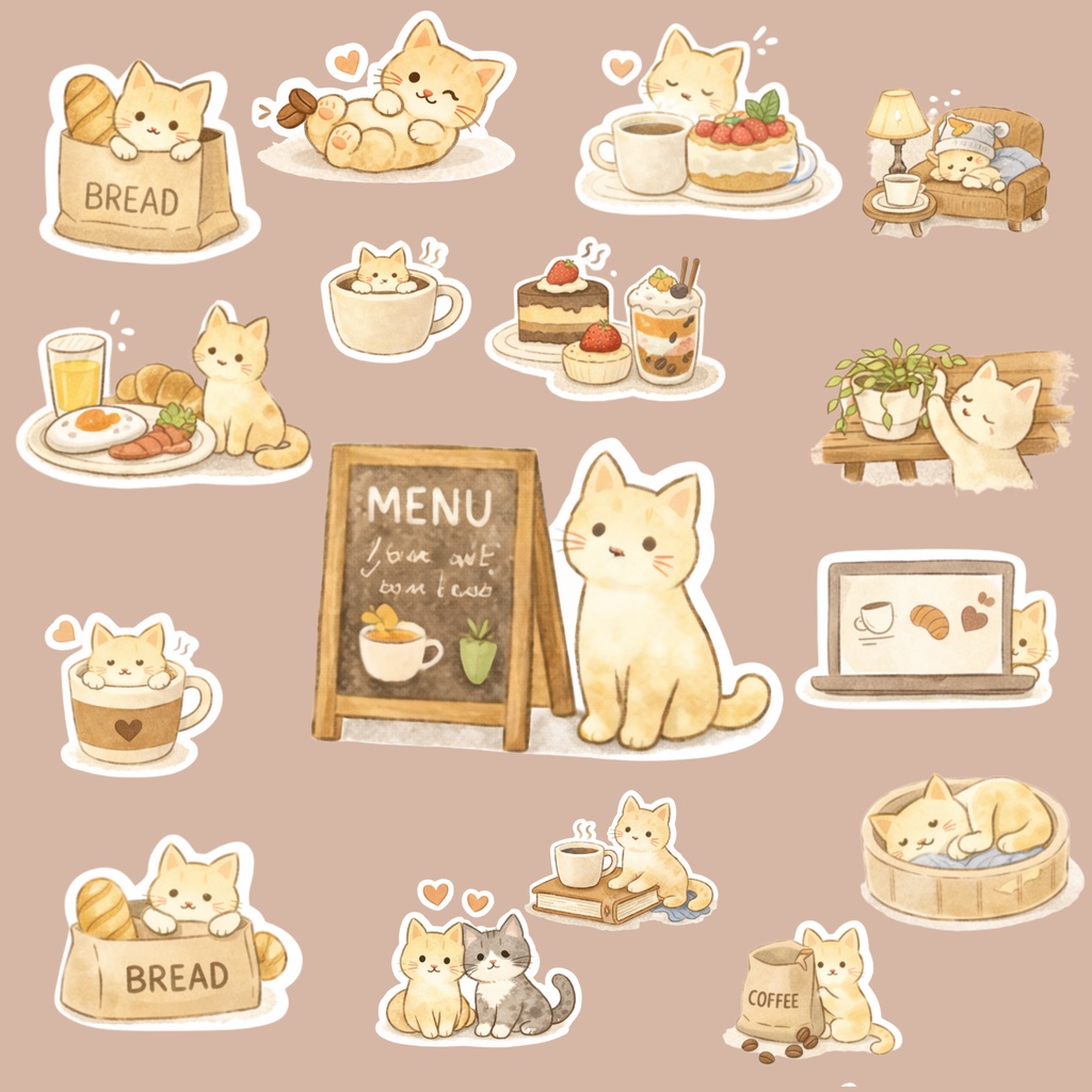 カフェブックのなかまたち vol.6 ねこカフェ 絵本風デジタルステッカー（16点セット）