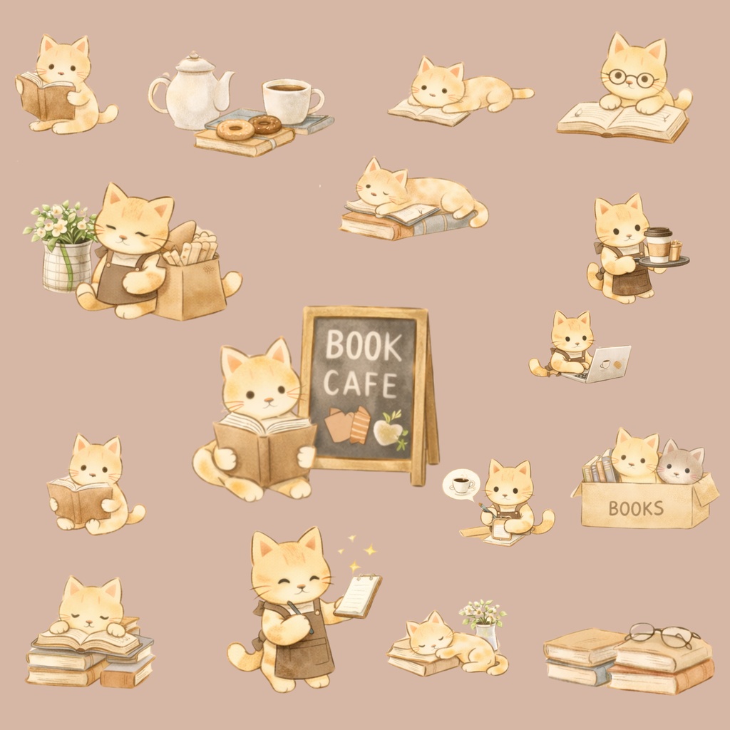 カフェブックのなかまたち vol.7 ねこカフェ2 絵本風デジタルステッカー（16点セット）