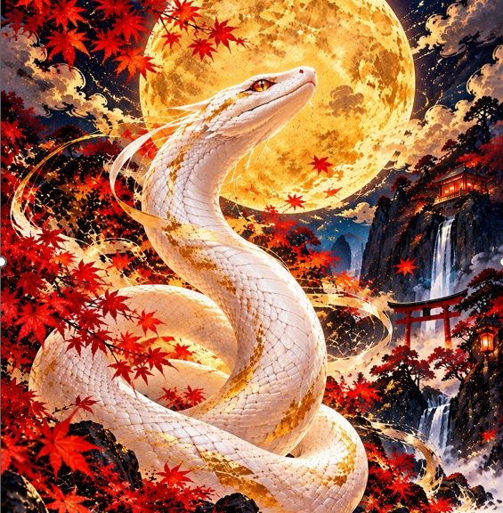 白蛇月華(秋)｜幻想和風スマホ壁紙