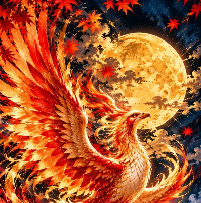 鳳凰焔舞(秋)｜幻想和風スマホ壁紙