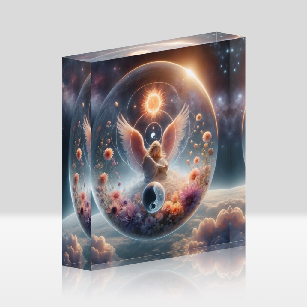 A glass ball with a yin-yang diagram floating in space 001