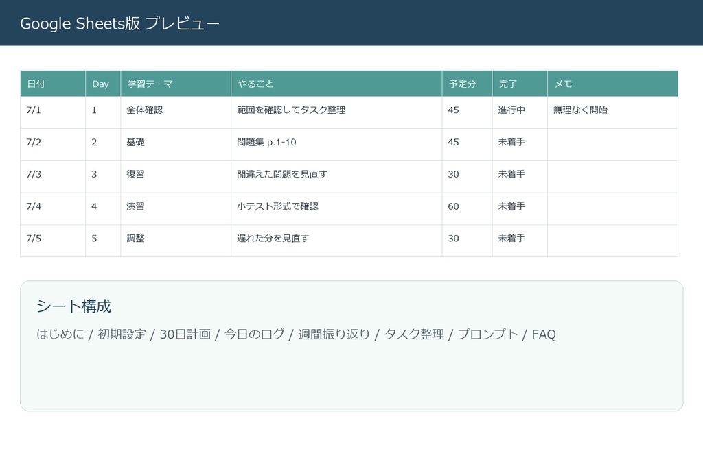 30日で迷わず進める 学習計画テンプレート