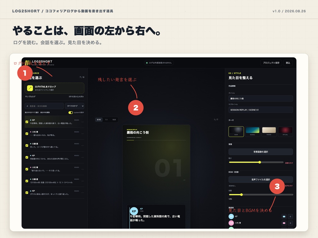 ココフォリアのログから縦型リプレイ動画へ|LOG2SHORT Pro