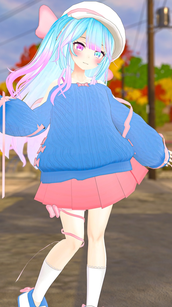 ふわふわりぼんのオフショルダーニット【13アバター対応】【パーティクル付き】