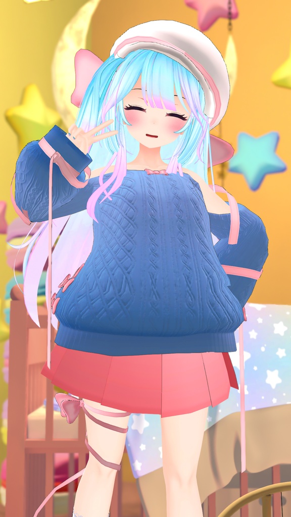 ふわふわりぼんのオフショルダーニット【13アバター対応】【パーティクル付き】