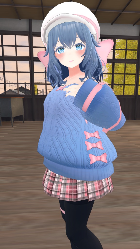 ふわふわりぼんのオフショルダーニット【13アバター対応】【パーティクル付き】