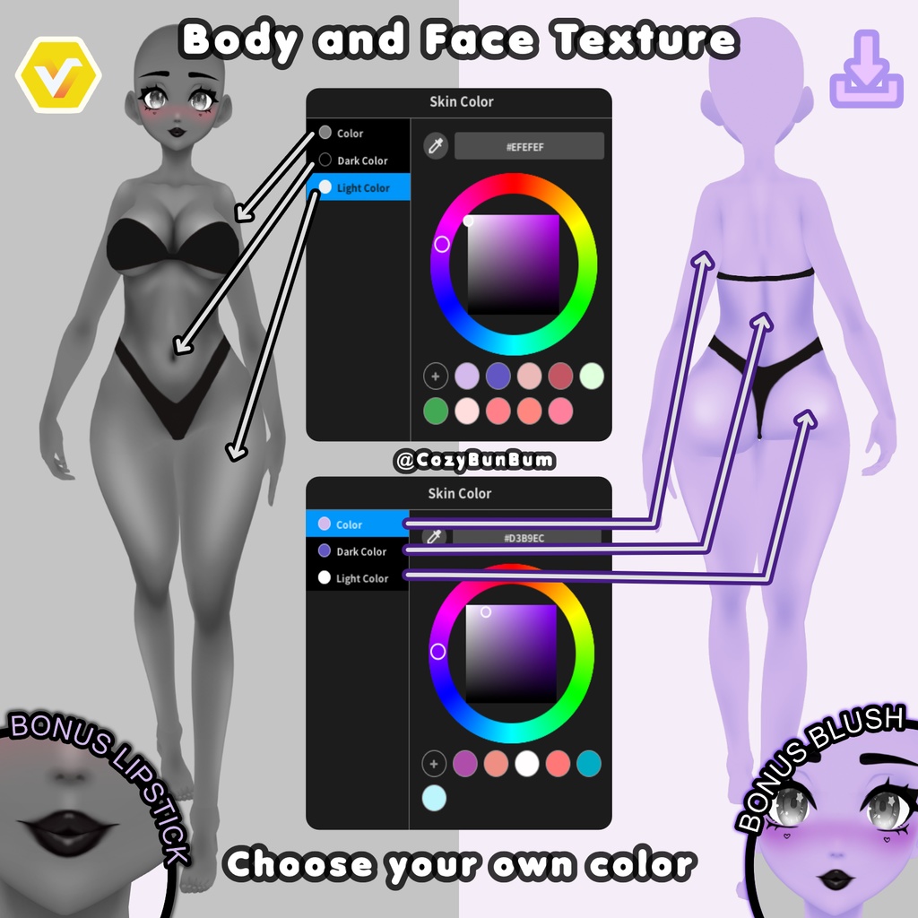 VRoid Body and Face Textures [Colorable] Bonus Lipstick and Blush