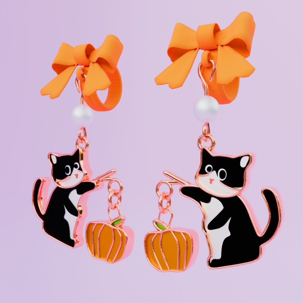 猫ちゃんが釣りをしているハロウィンかぼちゃのイヤリング