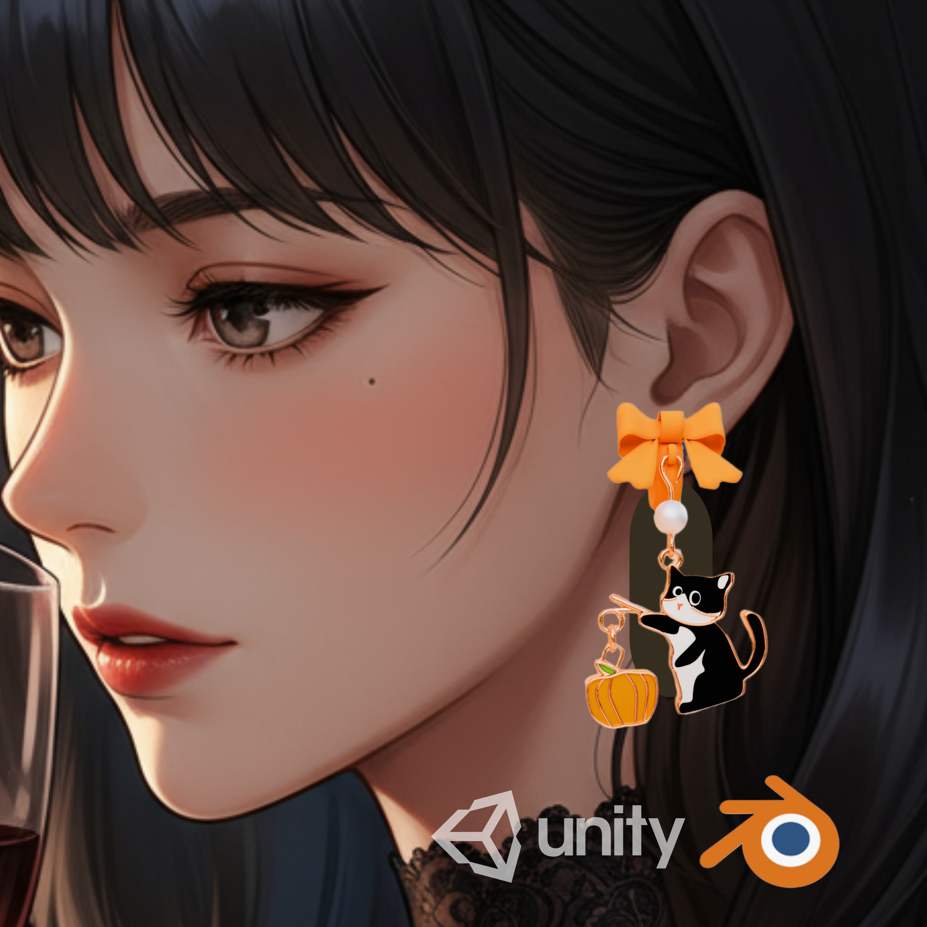 猫ちゃんが釣りをしているハロウィンかぼちゃのイヤリング