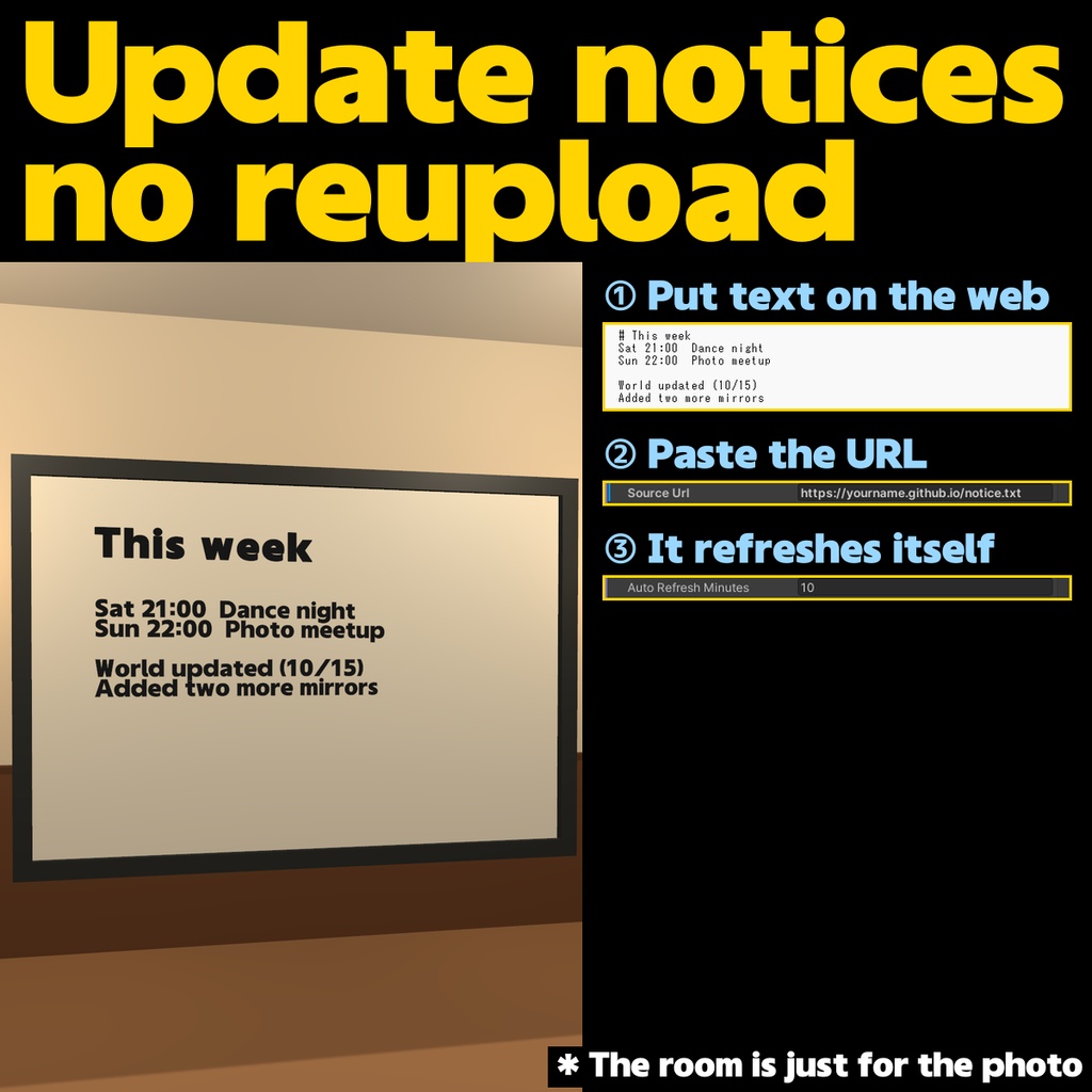 Notice Board - Update your world's bulletin board from a text file on the web (String Loading, no re-upload)