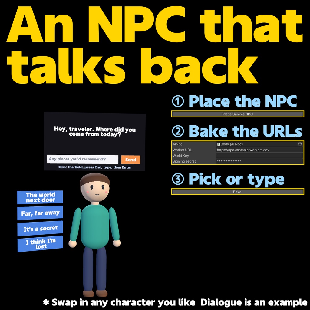 AI NPC Kit - A world NPC that never repeats a conversation (LLM dialogue, choices + free text, Udon world gimmick)