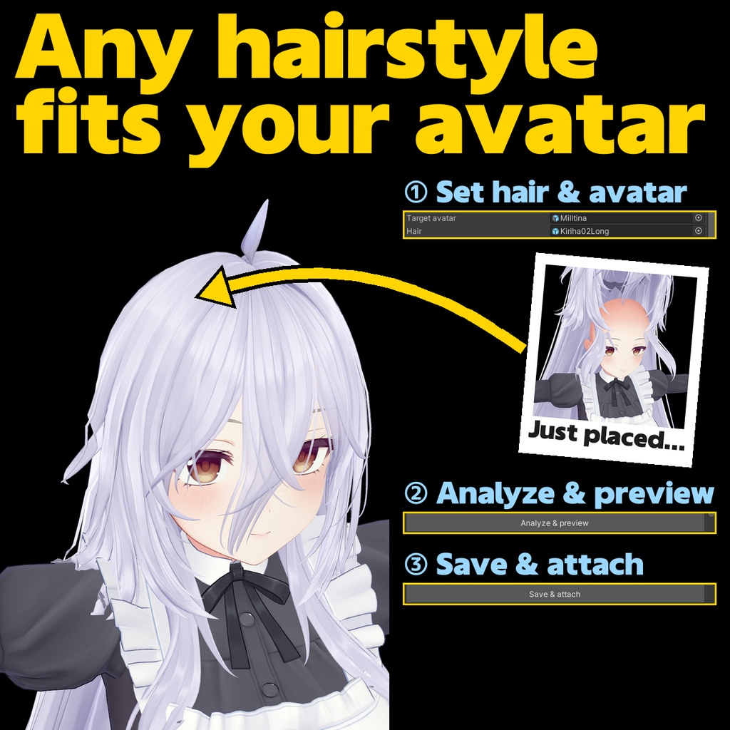 Hair Retargeter - Fit any hairstyle onto any avatar【Head profiles / penetration fix / bone follow / see-through bangs / re-fit】