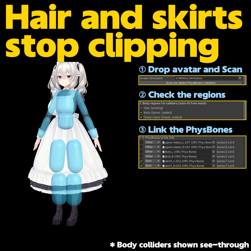 PhysBone Clip Fix - Stop hair, skirts and tails clipping through your avatar in one click (auto-fitted colliders, anti-jitter, undo)