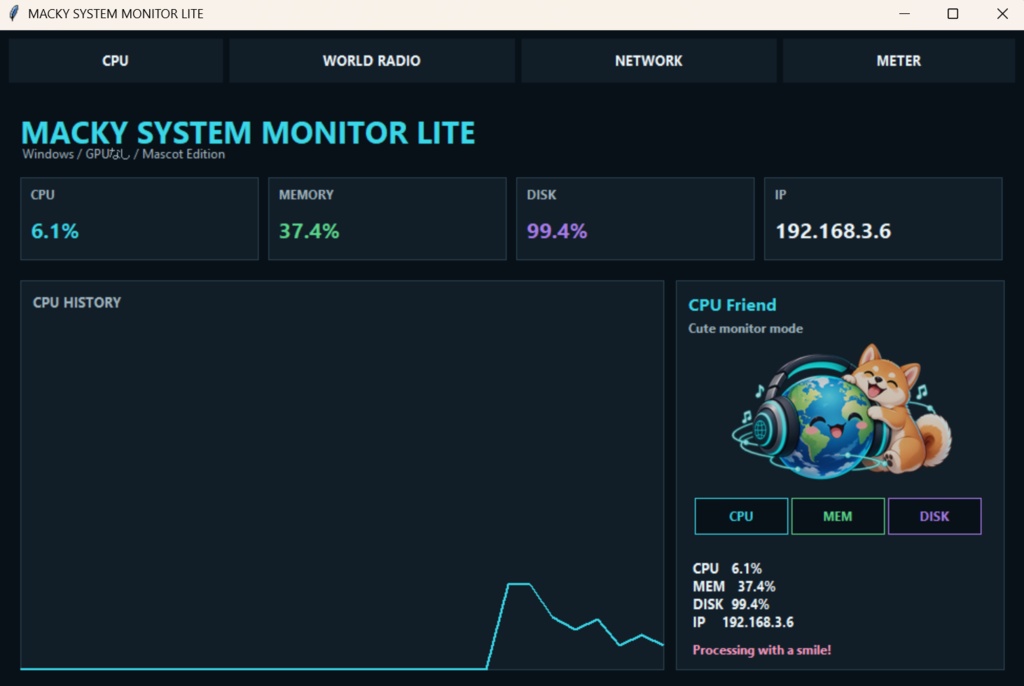MACKY SYSTEM MONITOR LITE V7|世界ラジオ付きWindowsシステムモニター