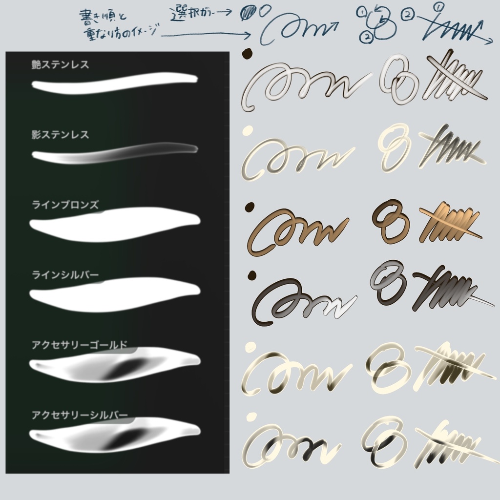 簡単!時短!金属質感ブラシ全12種【Newメタルブラシ】Procreate専用