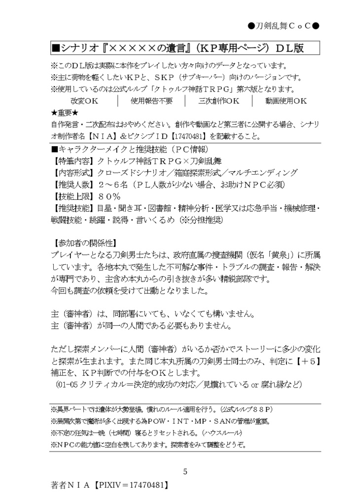 【刀×CoC】×××××の遺言【DL版/PDF】