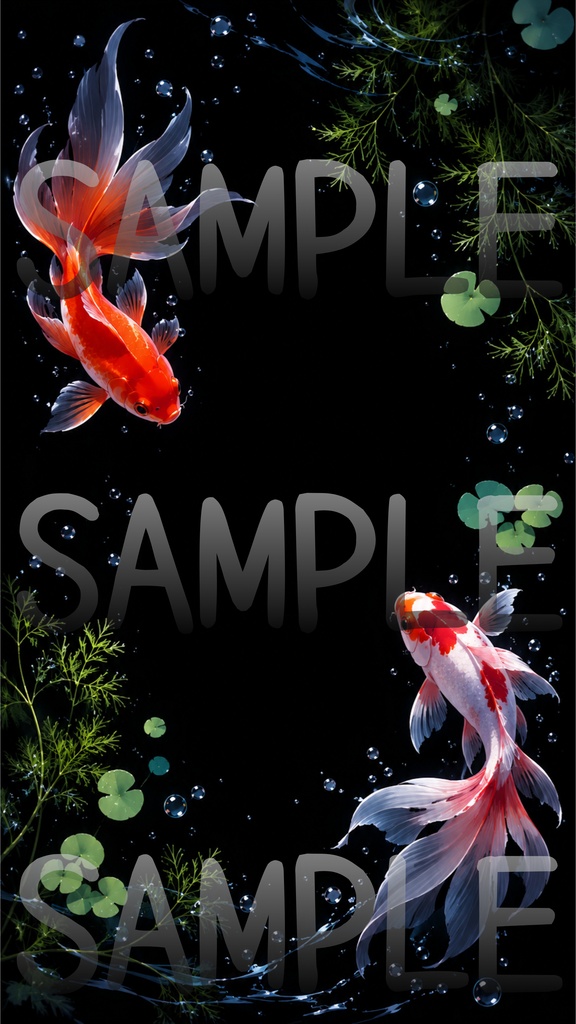 【背景素材】リアル金魚と漆黒の水紋フレーム【横長&縦長・お得な2枚セット】
