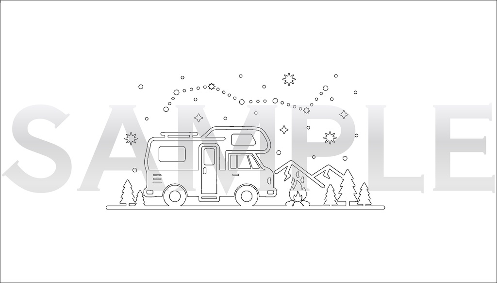 【背景素材/ベクター】キャンピングカーと満天の星空キャンプ(線画入り・アウトドア・モノトーン)