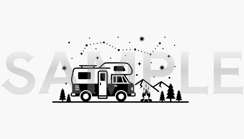 【背景素材/ベクター】キャンピングカーと満天の星空キャンプ(線画入り・アウトドア・モノトーン)