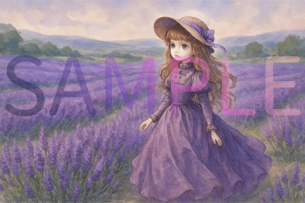 ラベンダー畑の少女 / 幻想的な絵本風イラスト・配信用背景・表紙 [Illustration - Lavender Girl]