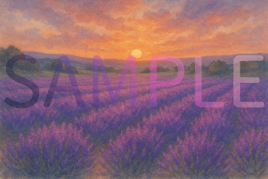 夕焼けと広がるラベンダー畑 / 幻想的な絵本風イラスト・配信用背景・表紙 [Illustration - Lavender Sunset]