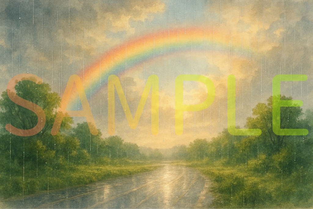 雨上がりの虹と輝く道 / 幻想的な絵本風イラスト・配信用背景・表紙 [Illustration - Rainbow Road]
