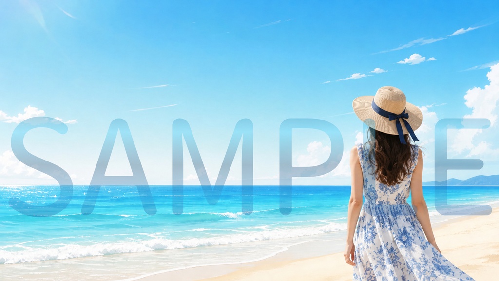 初夏の青い海と麦わら帽子の女性 / 鮮やかなリアル写真風イラスト・配信用背景・表紙 [Illustration - Summer Beach Woman]