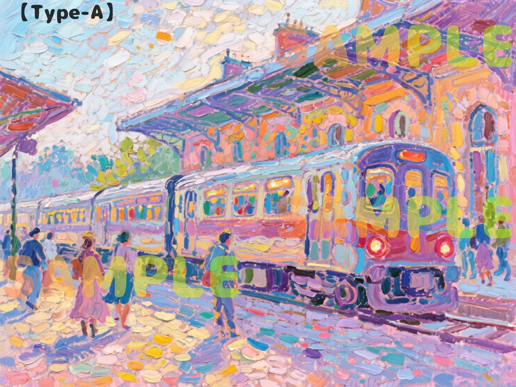 【背景素材】油絵風のノスタルジックな駅ホーム（コピースペース・電車・レトロ・印象派）横長・正方形バリエーション選択 [Impressionist Railway Station Background]