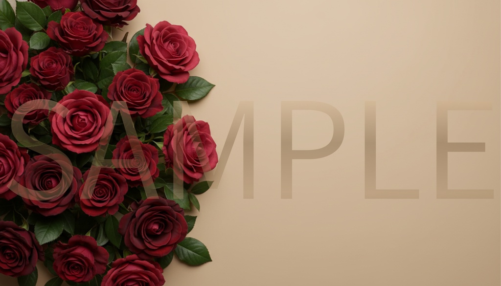 【背景素材】気品ある深紅の薔薇と上品なベージュ（コピースペース・お品書き・サムネイル）横長 [Red Rose Beige Background]