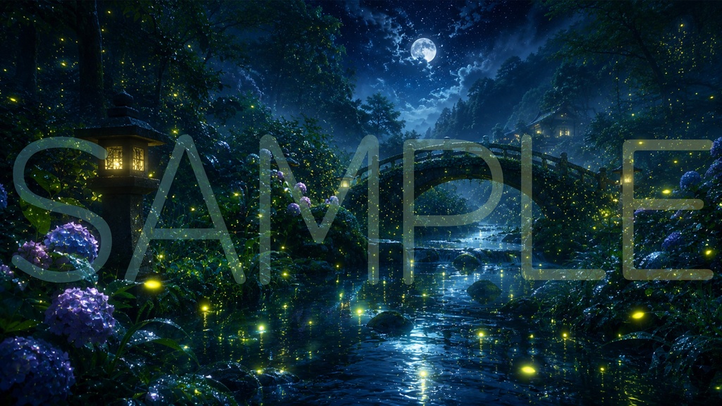 【背景素材】ホタル舞う幻想的な夜の石橋（満月・紫陽花・和風・配信背景）横長 [Firefly Night Bridge Neon Background]