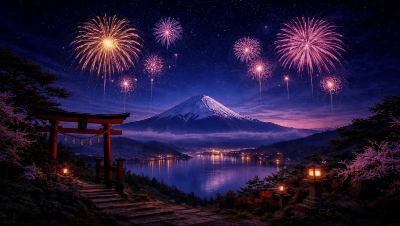 【背景素材】富士山と夜空を彩る大輪の打ち上げ花火（動画・静止画・配信用背景）横長 ※動画は使用サンプル [[Fuji Mountain Fireworks Summer Night Background]]