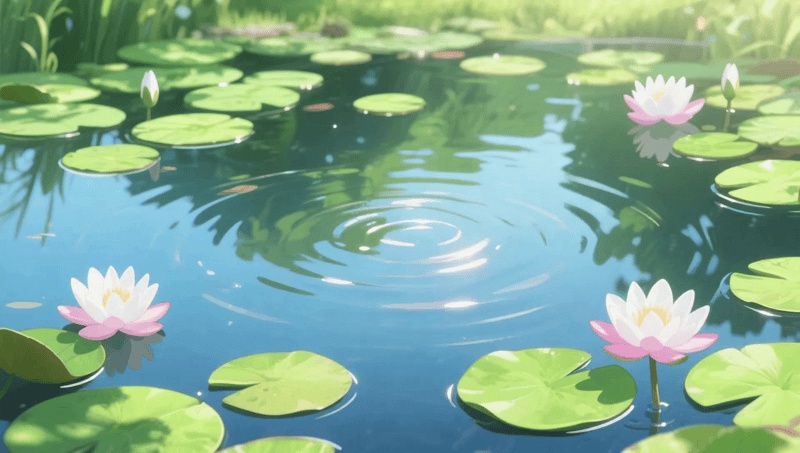 【背景・動画素材】睡蓮が咲く涼しげな水面（配信用背景・夏・絵本風）動画＆静止画セット [Water Lilies & Ripples Animated & Still Background] 