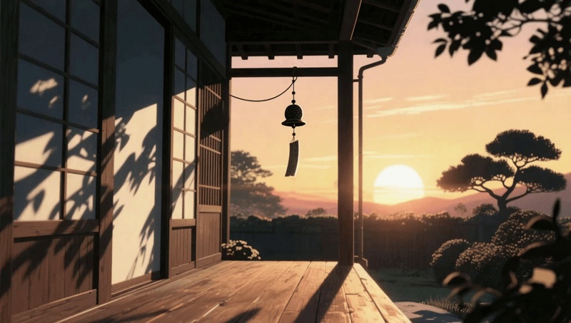 【背景・動画素材】風鈴のある和室の縁側（夕暮れ・和風・配信用背景・絵本風）動画＆静止画セット [Japanese Veranda & Wind Chime Sunset Animated & Still Background] 