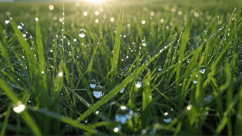 【動画素材】水滴ときらめく朝の草むら（配信用背景・実写風・癒やし）動画単品 [Dewy Green Grass Real Animated Background] 