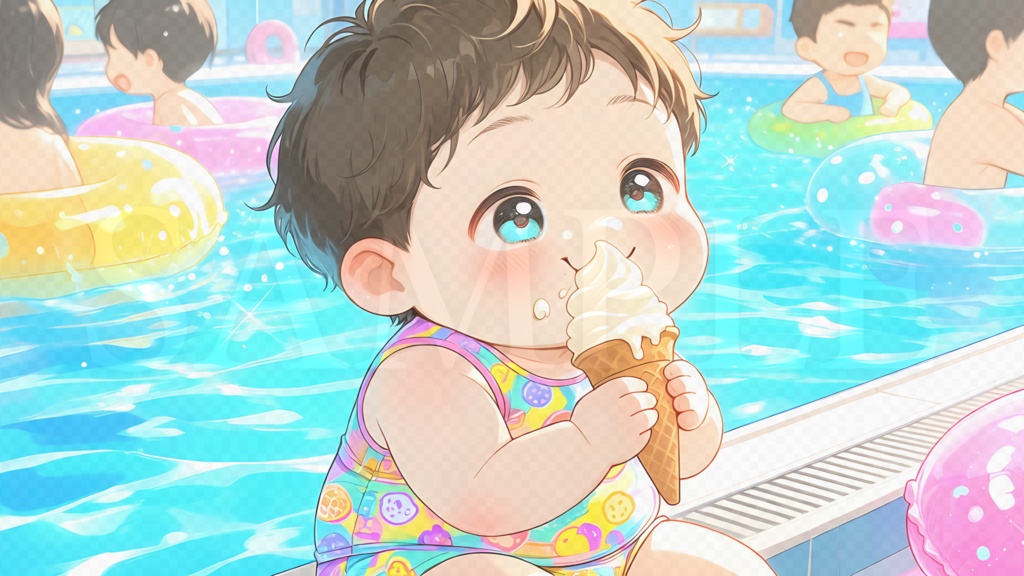 【背景素材】夏のプールサイドと男の子の赤ちゃん（4枚セット・4バリエーション・歌ってみた・配信背景）横長 [[Baby at Poolside]]
