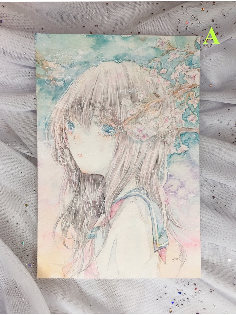 手描きイラスト アナログ 原画 創作 桜の花と少女 ポストカード 透明 