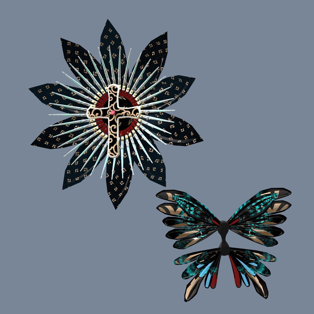 つまみ細工風 時計草&蝶の髪飾り【VRChat想定アバター向けアクセサリー】