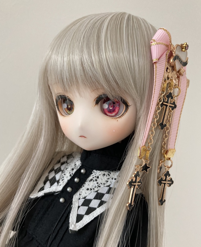 【リボン髪飾り】 ピンク× クロス