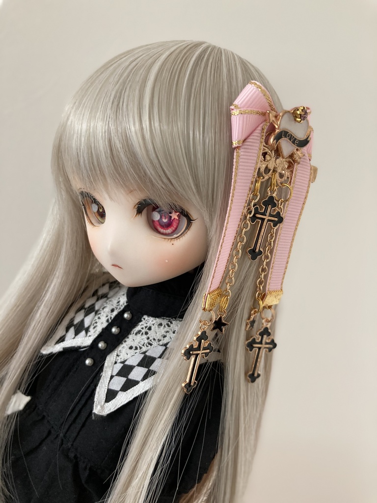 【リボン髪飾り】 ピンク× クロス