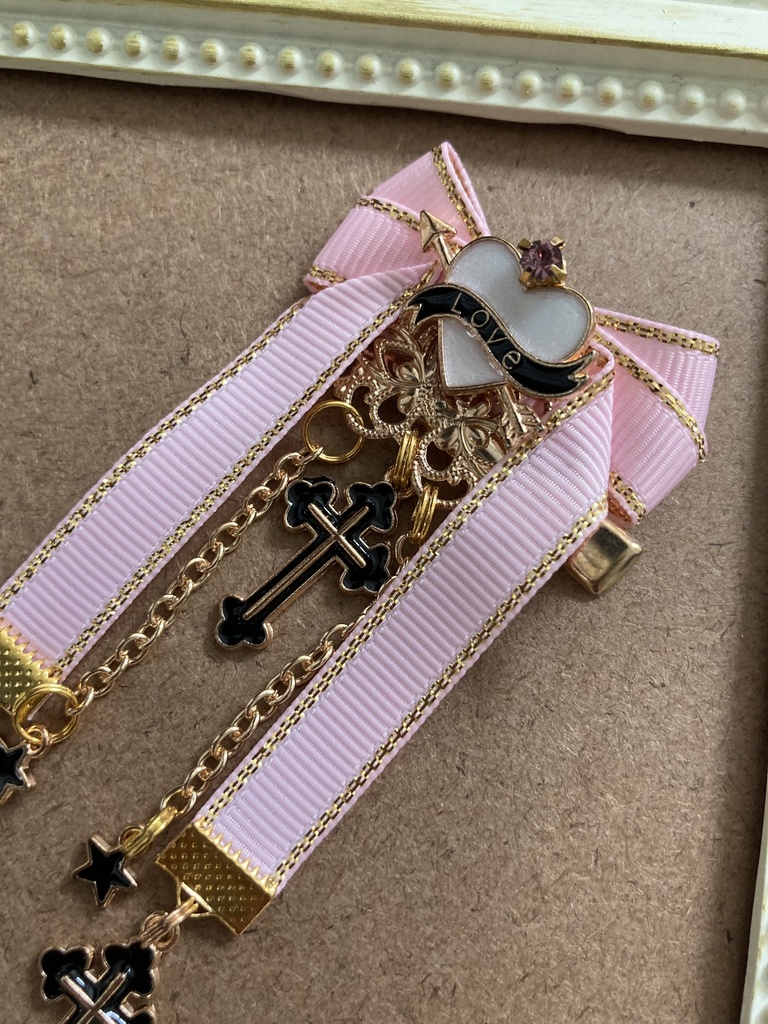 【リボン髪飾り】 ピンク× クロス