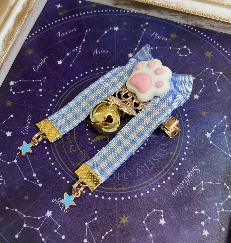 【リボン髪飾り】🐈‍⬛×肉球　ブルーのお星さまver