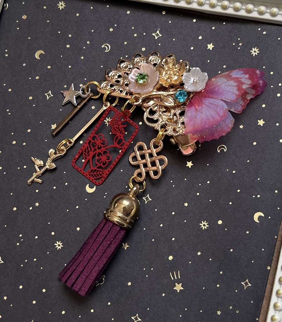 【和風髪飾り】絢爛×蝶々札 紅